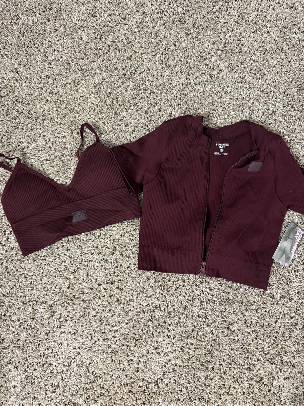 Ribbed Crop Bralette & Zip Jacket Set - Burgundy